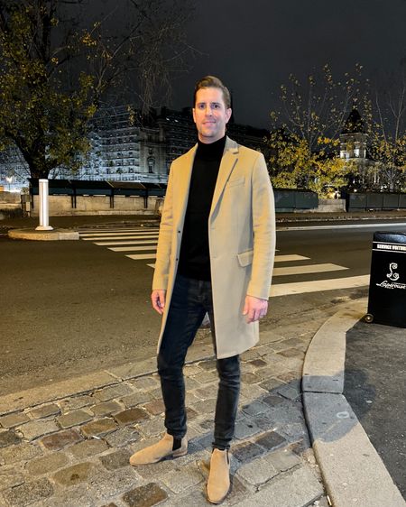 Kat Jamieson of With Love From Kat shares her husband's outfit. Camel coat, turtleneck sweater, suede boots, black jeans, Paris style, men's fashion, men's style.

#LTKmens #LTKSeasonal #LTKstyletip