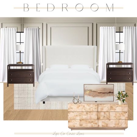 Bedroom moodboard, upholstered bed, designer furniture, the look for less, transitional decor, faux olive tree, McGee and co dresser, wayfair bed, contemporary rug, crate and barrel nightstand, charging nightstand, rh dupe lamp, frame tv, faux plant, candle holder 

#LTKhome
