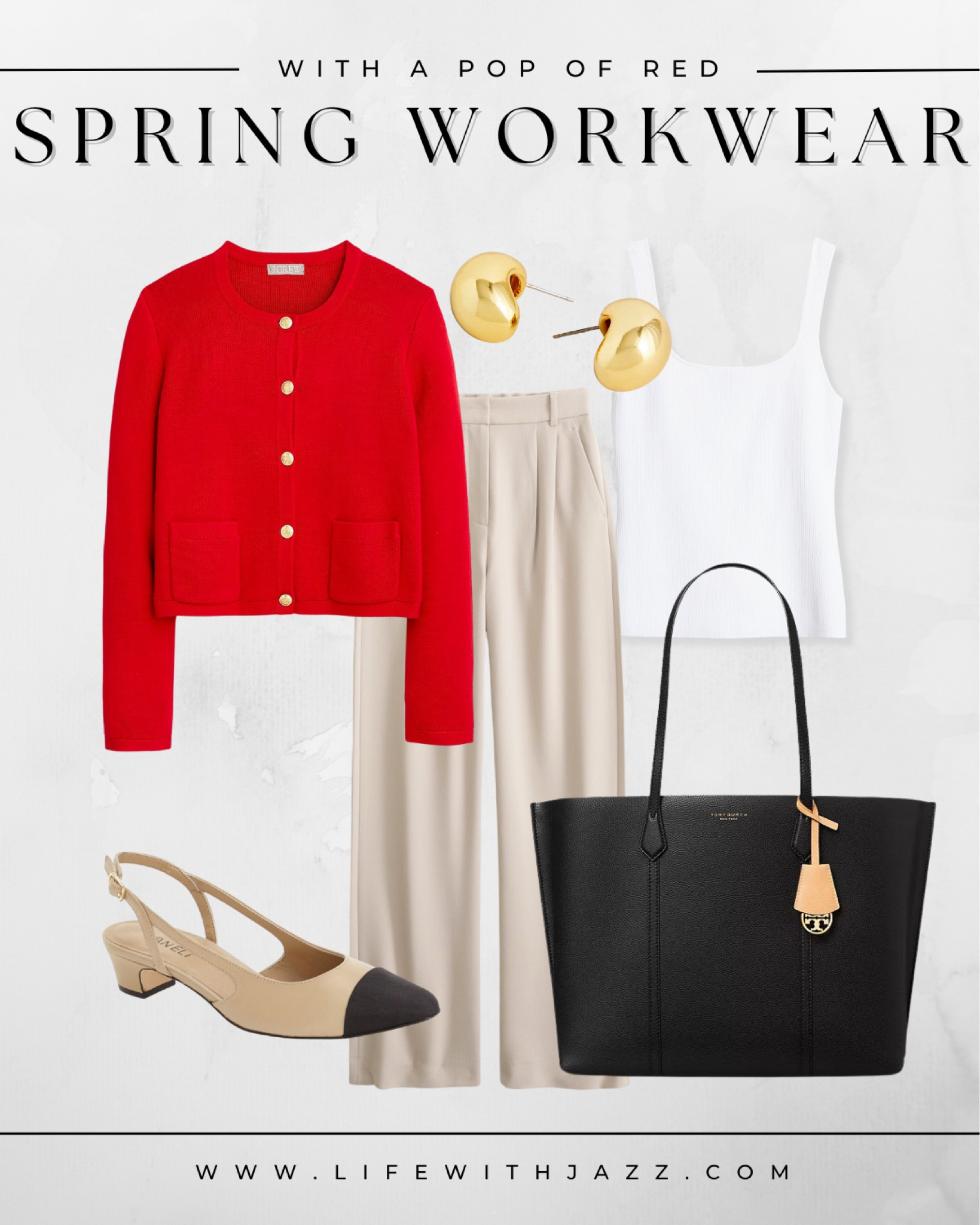 Spring workwear outfit info with a pop of red ❤️ 

• J.Crew sweater jacket
• Abercrombie sloane tailored pants - available in multiple & inseams, under $100, if you’re under 5’4” I recommend getting the petite length
• white Cami
• cap toe slingbacks - Chanel inspired
• Tory Burch leather tote bag 
• gold jewelry/earrings 

#LTKworkwear #LTKstyletip