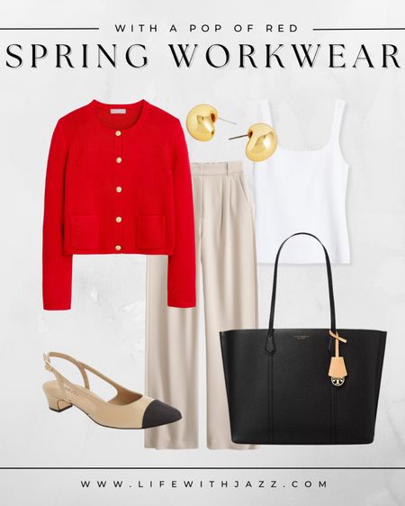 Spring workwear outfit info with a pop of red ❤️ 

• J.Crew sweater jacket
• Abercrombie sloane tailored pants - available in multiple & inseams, under $100, if you’re under 5’4” I recommend getting the petite length
• white Cami
• cap toe slingbacks - Chanel inspired
• Tory Burch leather tote bag 
• gold jewelry/earrings 

#LTKworkwear #LTKstyletip