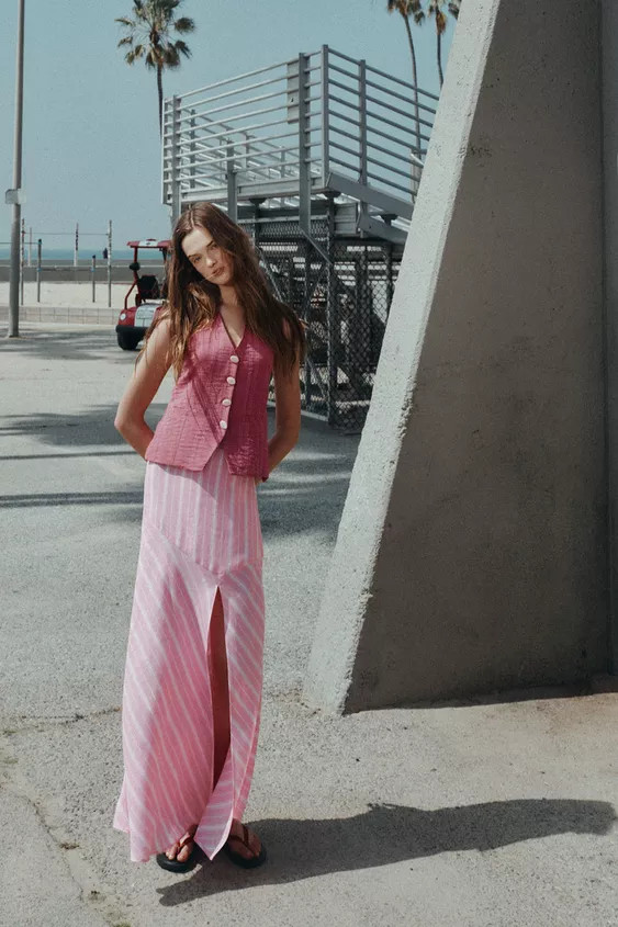 STRIPED LINEN MIDI SKIRT | Zara US