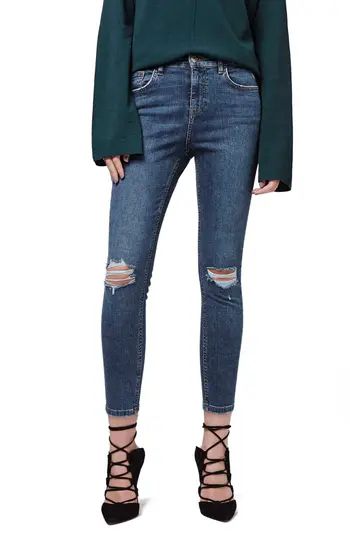 Petite Women's Topshop Moto 'Jamie' Ripped Skinny Ankle Jeans, Size 32W x 28L (fits like 30-31W) - Blue | Nordstrom