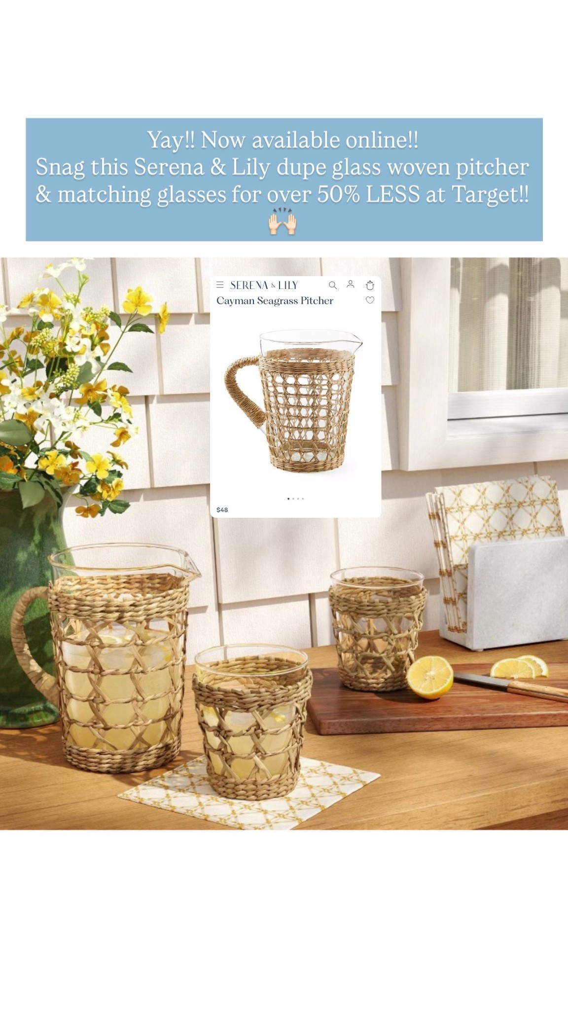 Serena & Lily dupe Caymen woven glass pitcher DUPE just added online!! Save over 50% OFF!! 🙌🏻🏃🏼‍♀️💨

#LTKSaleAlert #LTKHome