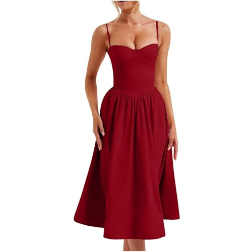 Women's Vintage Corset Dress Spaghetti Strap A-Line Midi Dress Elegant Cocktail Party Evening Dresses Red | Amazon (US)