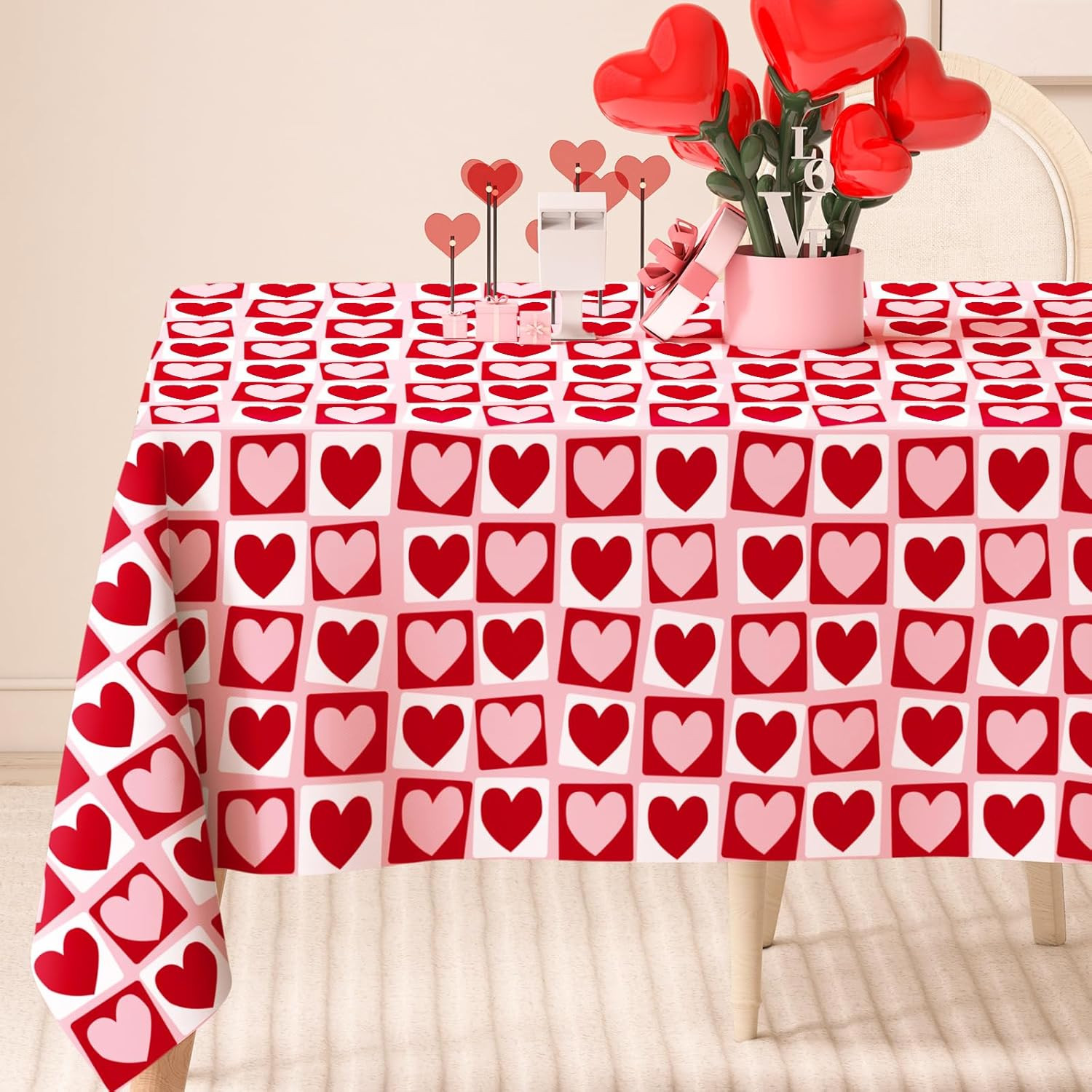 AnyDesign Valentine's Day Rectangle Tablecloth Red Pink Hearts Plaids Fabric Table Cloth Washable... | Amazon (US)