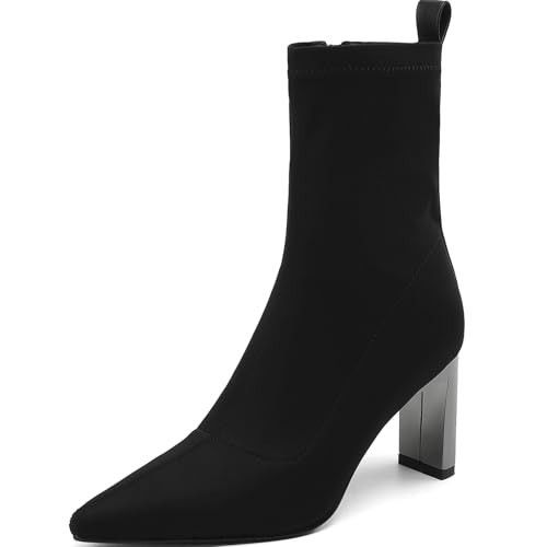 TEAIEUI Heeled Booties Pointy Toe Boots for Women Black Ankle Booties High Heel Boots Stretch Boots with Heels for Women Fabric 9.5 | Amazon (US)