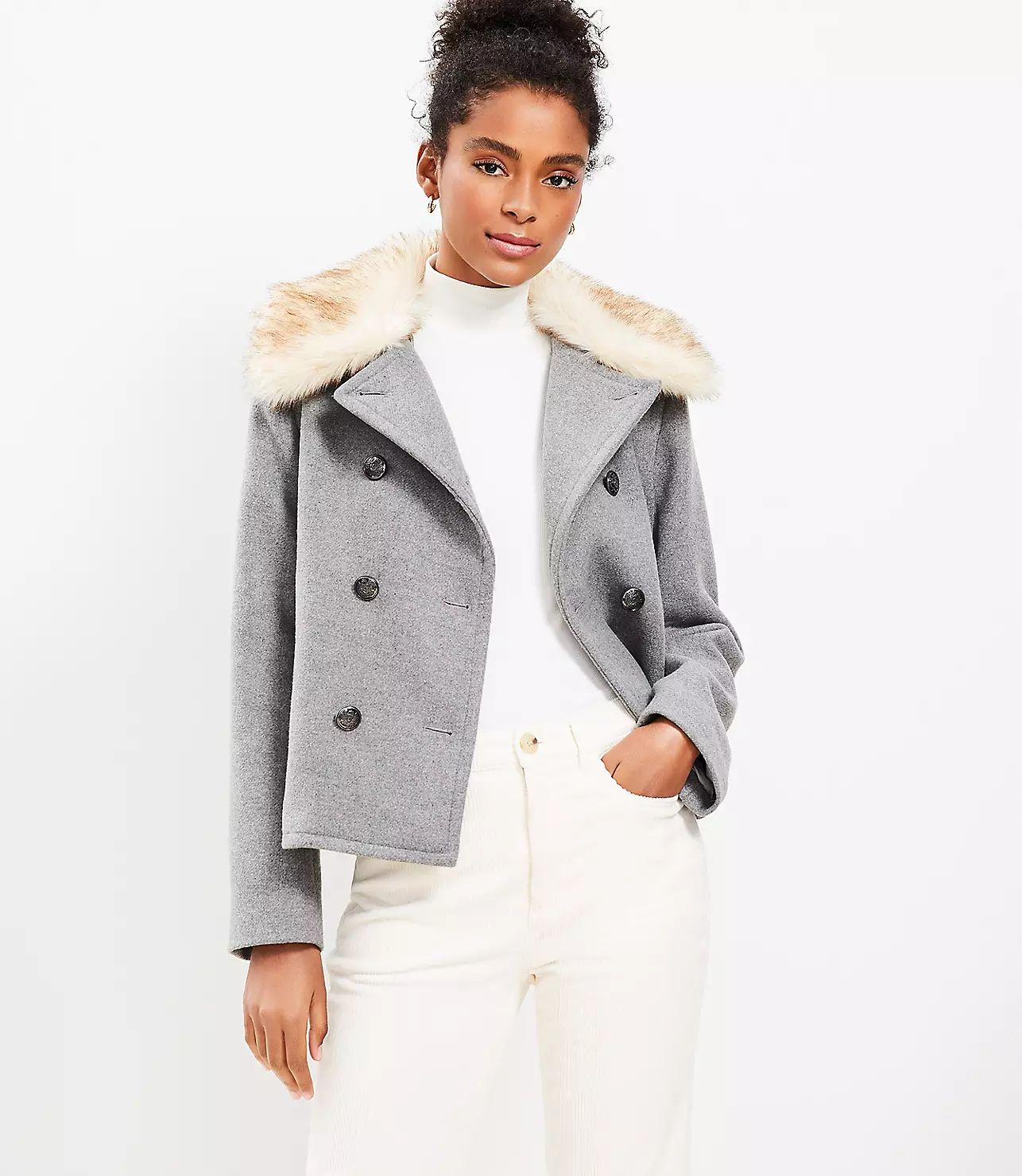Melange Faux Fur Collar Doublecloth Jacket | LOFT