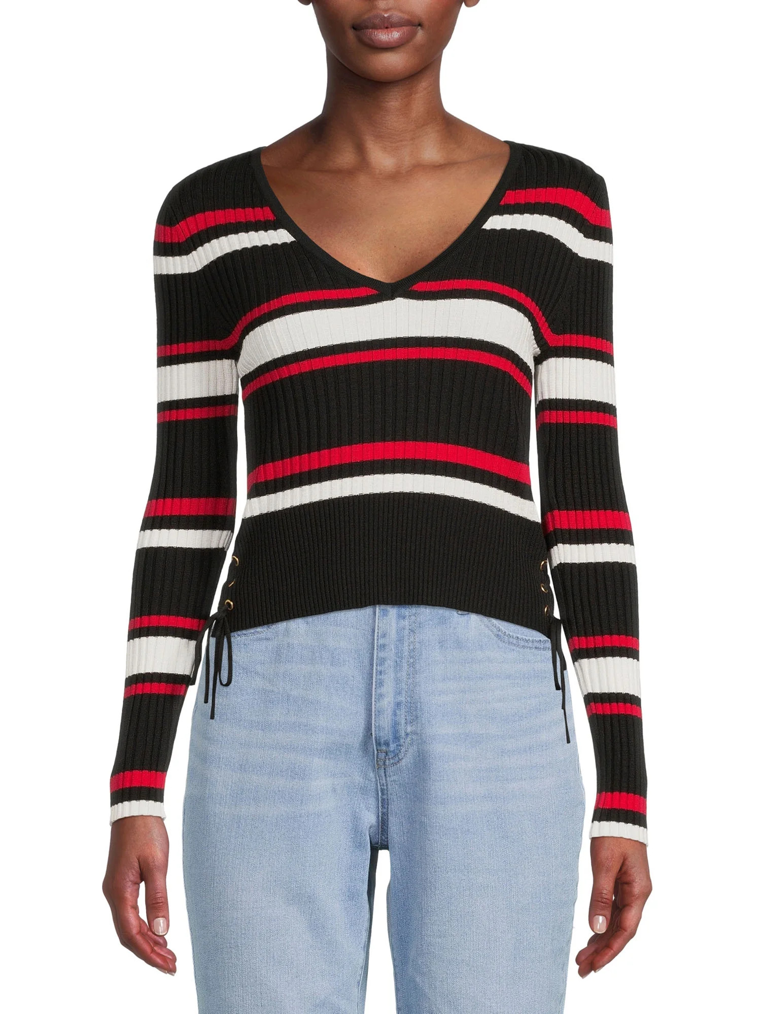 No Boundaries Junior's Stripe V-Neck Sweater - Walmart.com | Walmart (US)