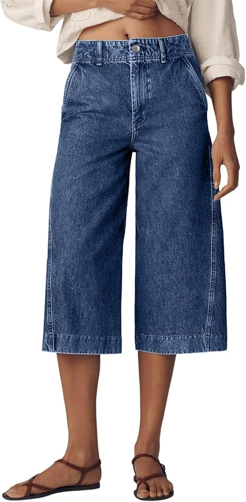 Astylish Capris Jeans for Women Wide Leg High Waisted Stretchy Jean Pants with Slanted Pockets | Amazon (US)