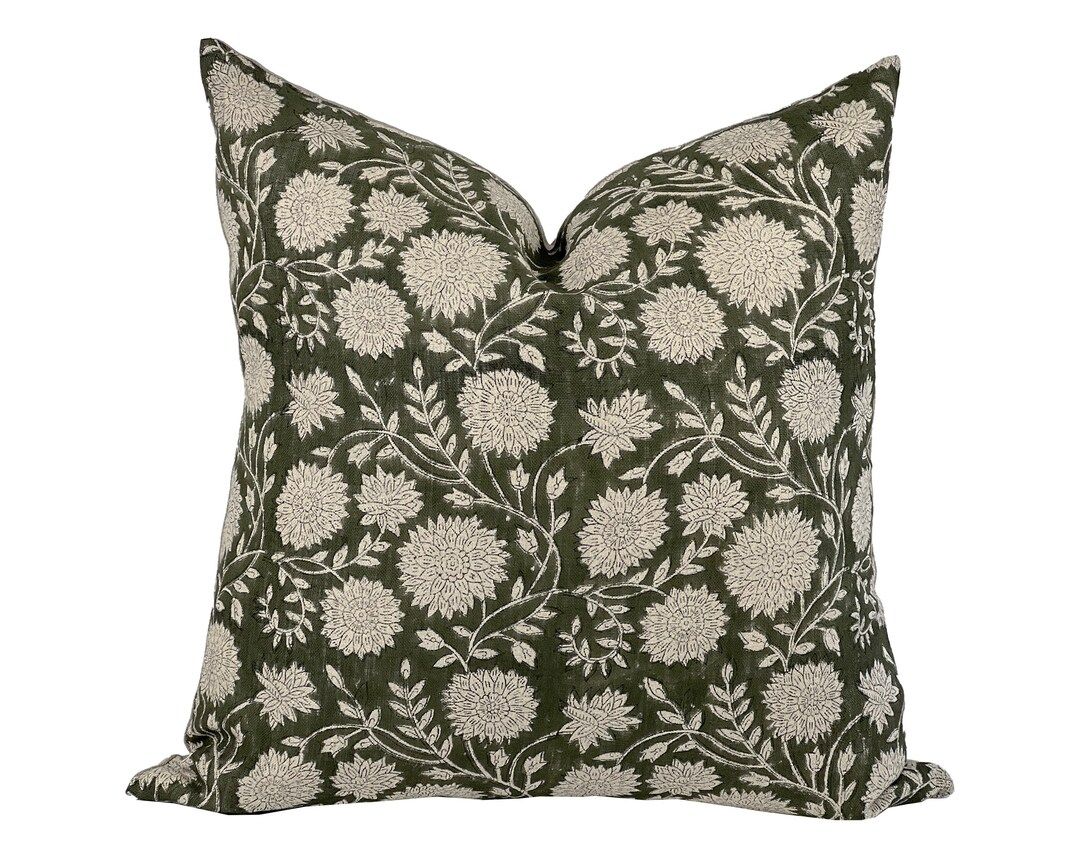 LAYLA Designer Deep Green Linen Pillow Cover, Block Print Pillow, Dark Green Pillow, Floral Green... | Etsy (US)
