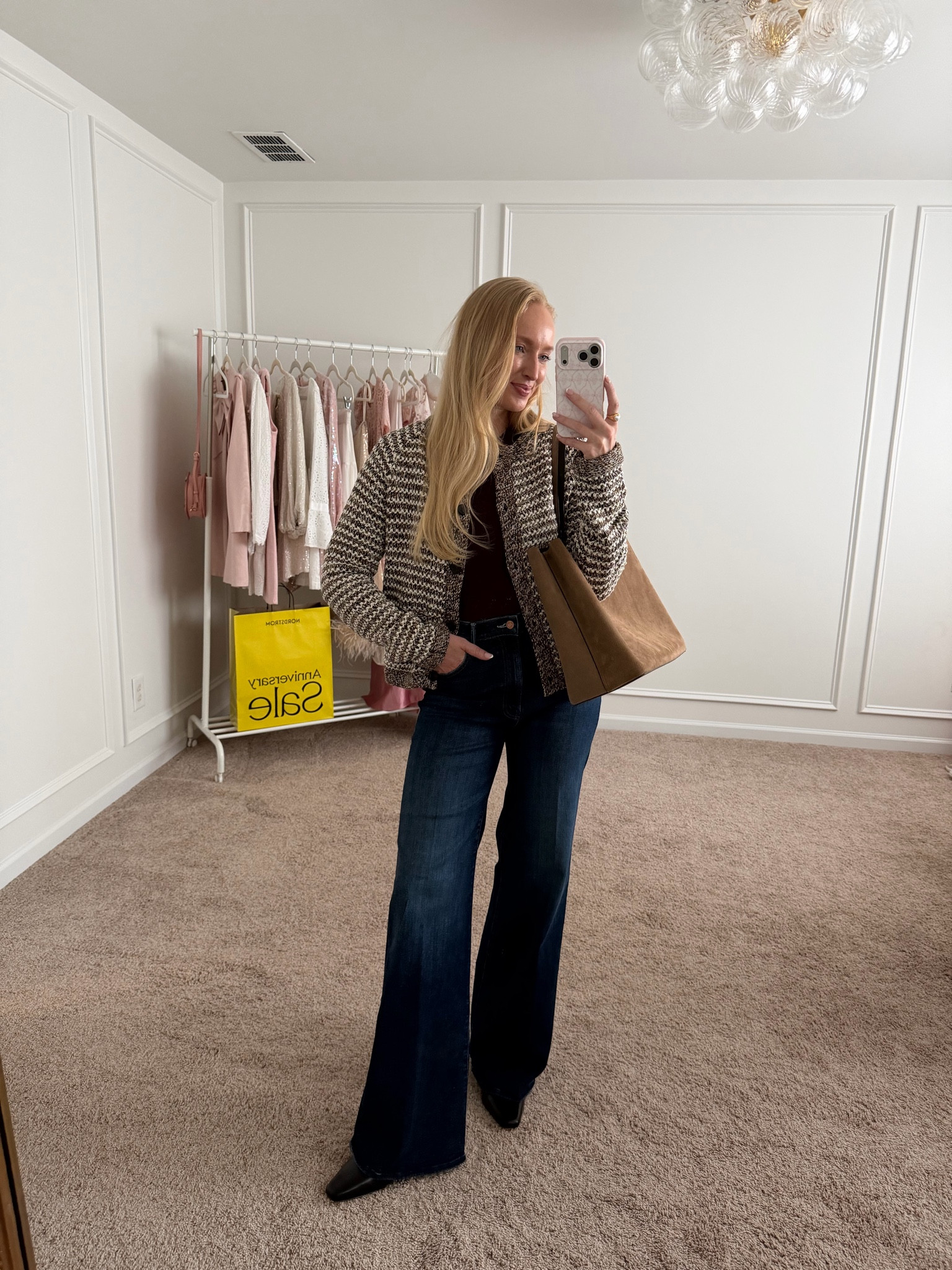 Business casual fall outfit all on sale in the Nordstrom anniversary sale. Wearing a size 27 in these classic wide leg jeans, if between size down! The quality is 10/10 

The Veronica beard jacket / cardigan is a fun, unique piece for fall! I got a medium by accident and need a size small. I would size down to an XS if you want to wear it open and more fitted

#LTKSaleAlert
