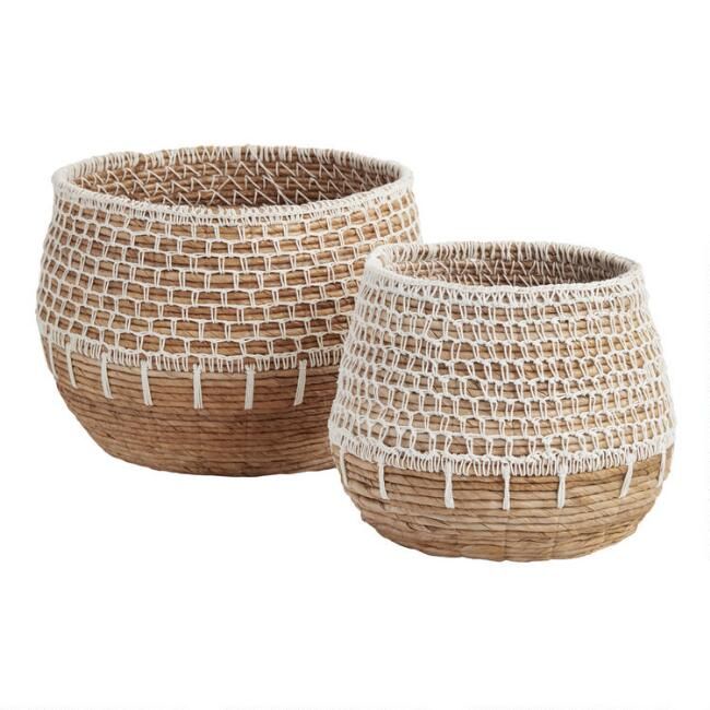 Natural Banana Leaf Harper Basket with White Macrame | World Market