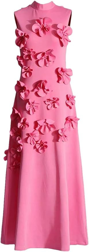 Women Flower Appliques Dresses Lace Up Stand Collar Sleeveless High Waist A Line Long Dress | Amazon (US)