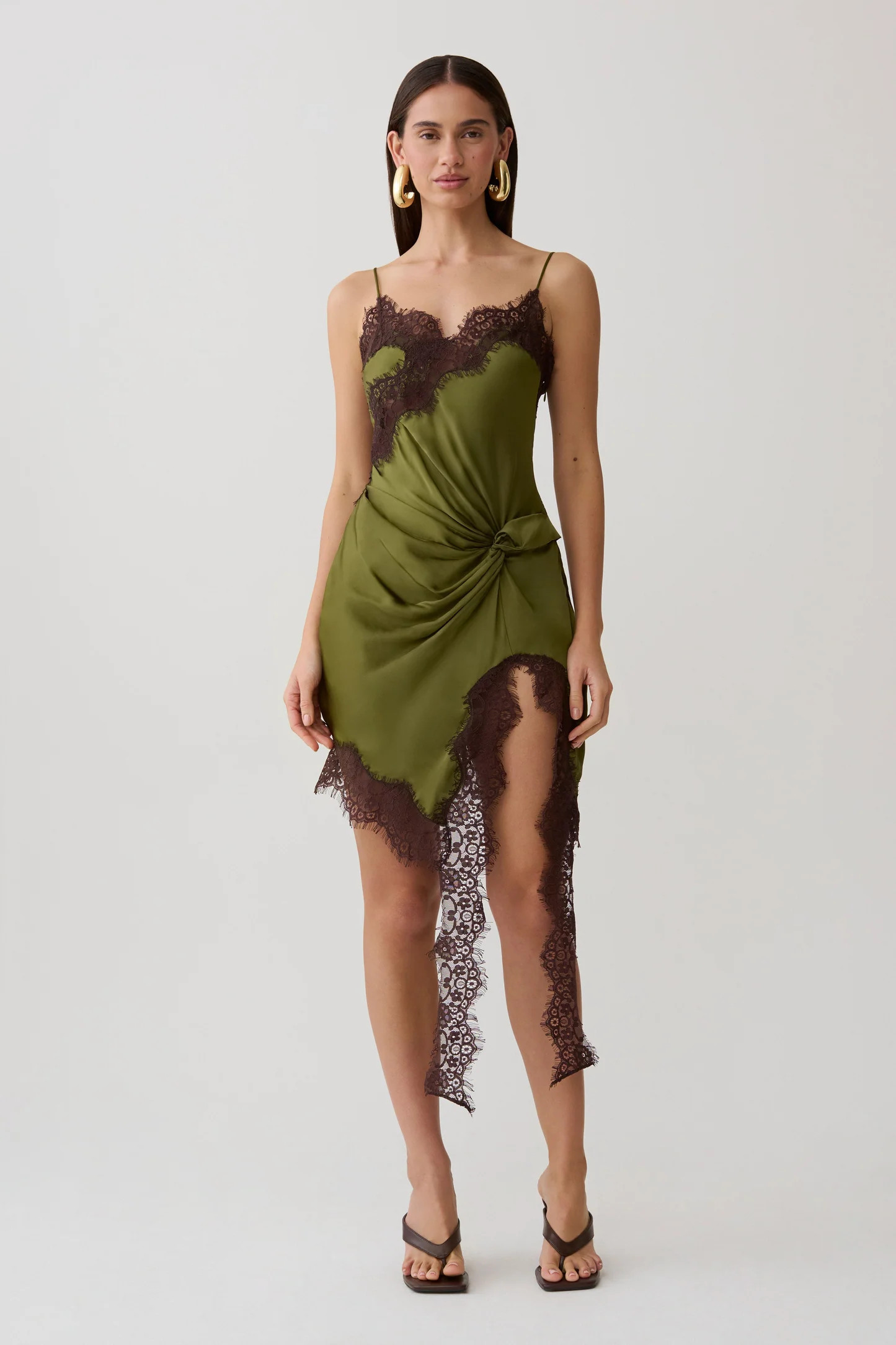 Amber Satin And Lace Mini Dress - Olive | MESHKI US