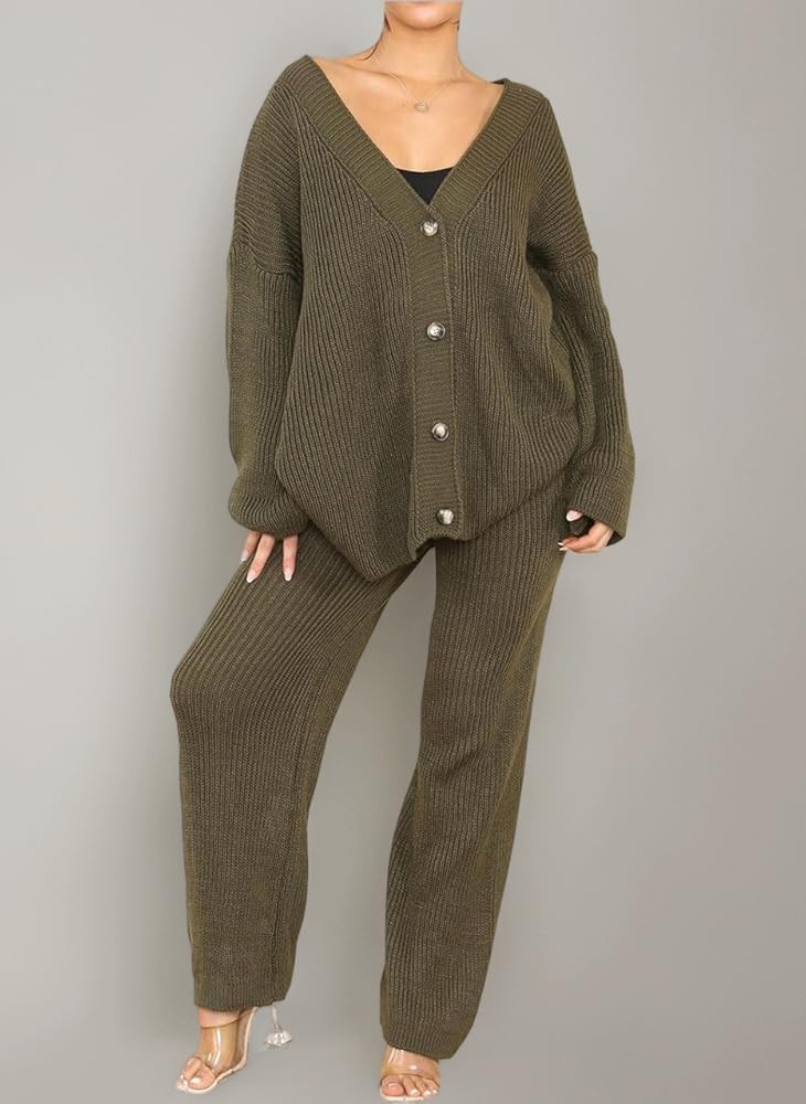 Ladies 4 Button Knitted Italian Co-Ord Cardigan Set Womens Wide Leg Lounge Wear Bottom Jogger Tra... | Amazon (UK)