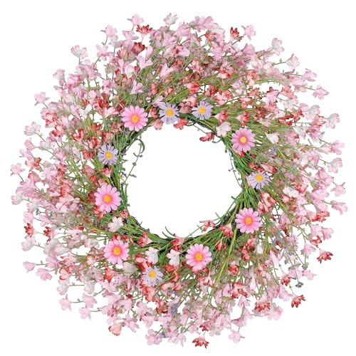 24 Inch Large Spring Wreaths for Front Door Daisy Wreath Easter Wreaths for Front Door Artificial Floral with Wild Floral for Farmhouse Porch Wall Living Room Home Decor-Pink | Amazon (US)