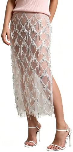 AXX Womens Sequin Fringe Midi Skirt Sheer Mesh Tassel Skirt | Elastic waist with side slit sparkl... | Amazon (US)