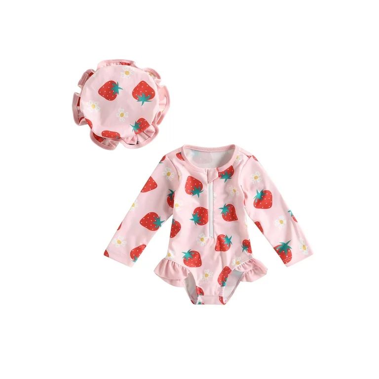 Bagilaanoe Toddler Baby Girl One-Piece Swimsuit Strawberry Print Long Sleeve Zipper Rashguard Swi... | Walmart (US)