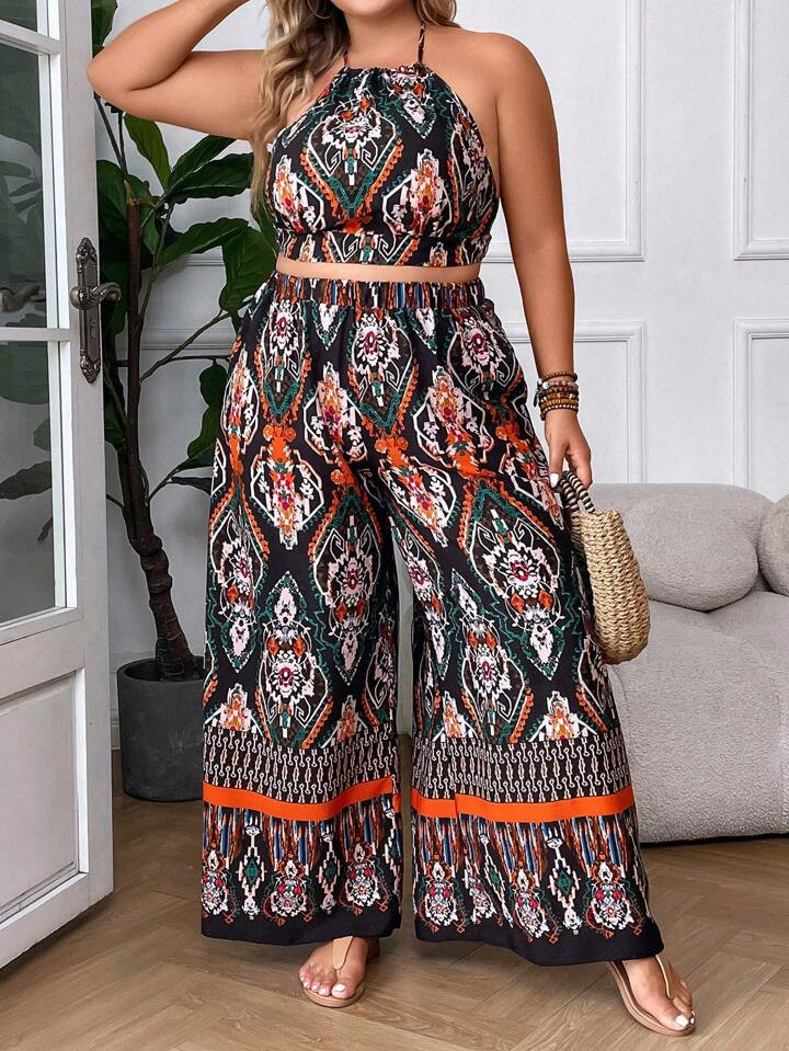 SHEIN VCAY Plus Allover Print Tie Backless Halter Top & Wide Leg Pants | SHEIN