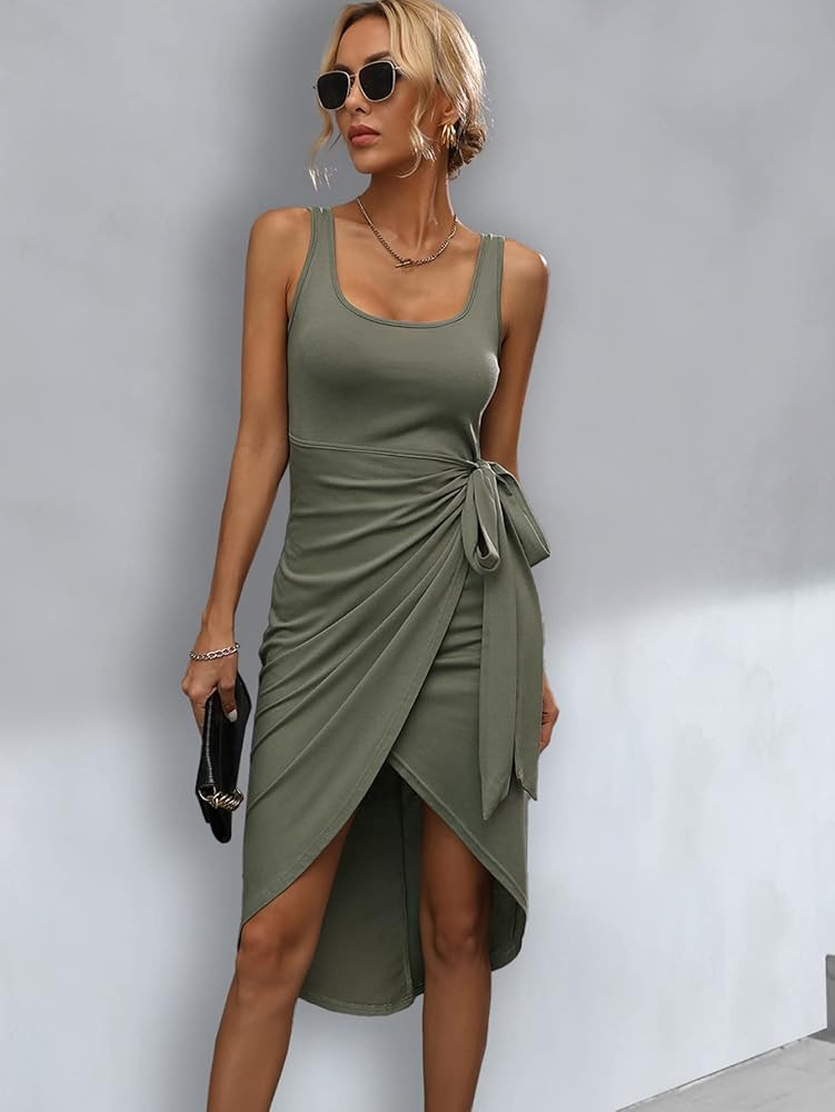 CAVOZEDA Women's Summer Tank Dresses Sleeveless Wrap Front Tie Waist Bodycon Ruched Asymmetrical Hem | Amazon (US)