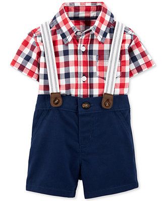 Baby Boys 3-Pc. Plaid Shirt Bodysuit, Suspenders & Shorts Set | Macys (US)