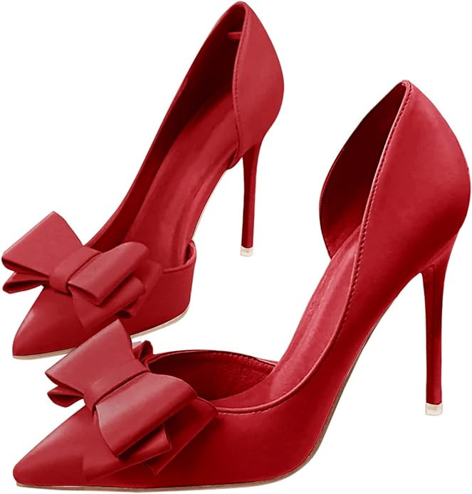 Womens Bow Heels Closed Pointed Toe Dress Shoes Stiletto Slip on Wedding Pumps | Amazon (US)
