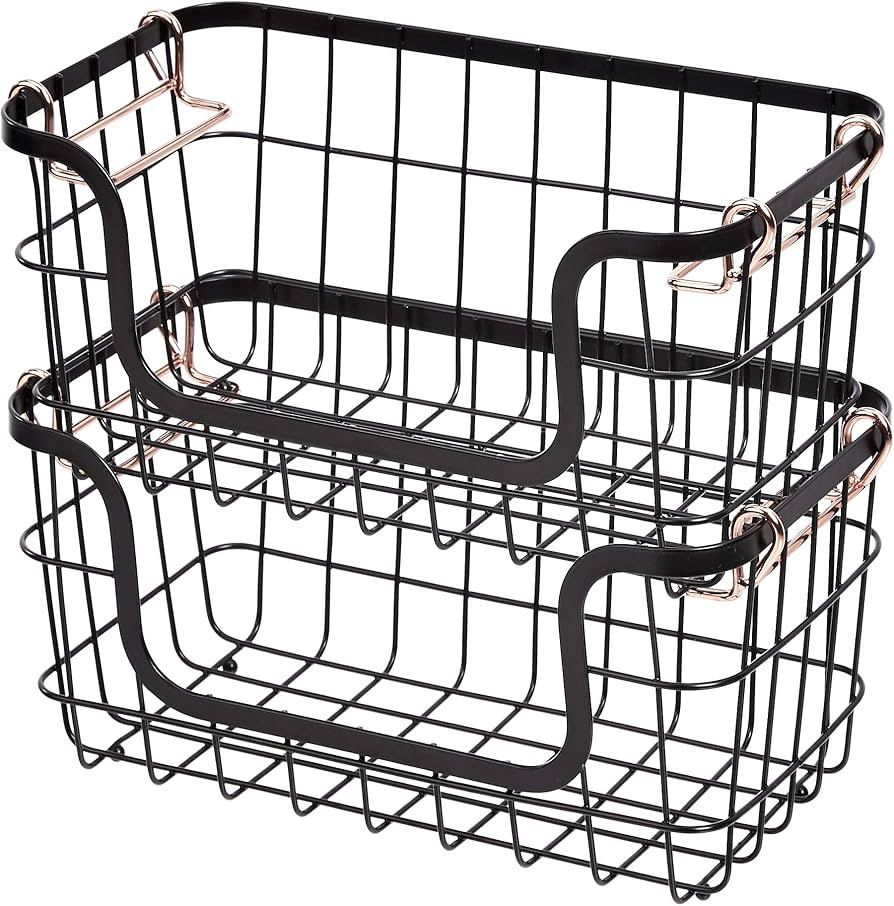 Amazon Basics Stackable Metal Wire Rectangular Storage Basket Set For Kitchen or Bathroom, 2 Coun... | Amazon (US)