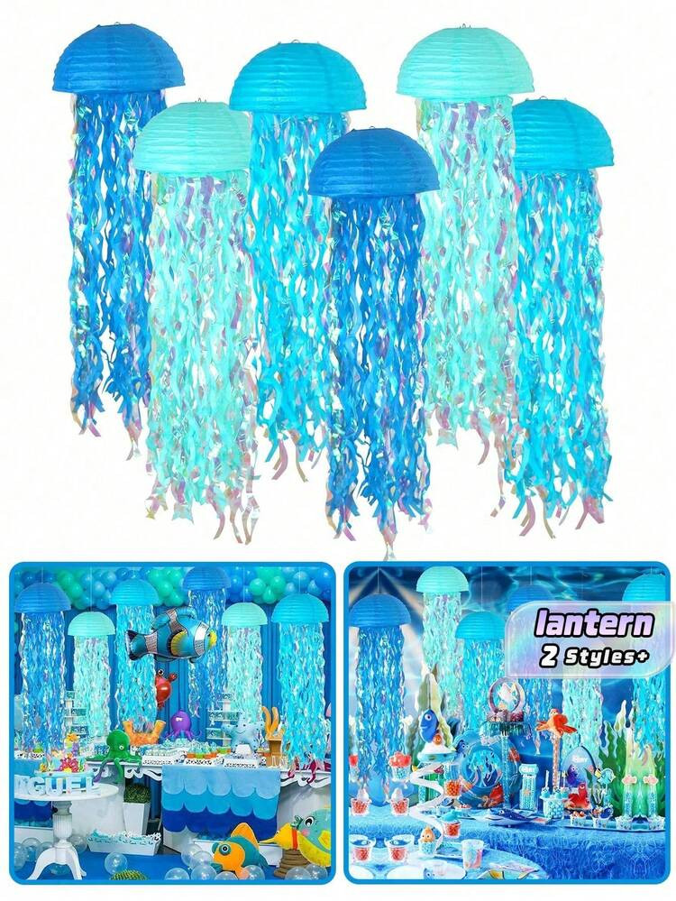 3 Pieces Blue Hanging Jellyfish Paper Lanterns, Gradient Colored Paper Lanterns For Mermaid Theme... | SHEIN