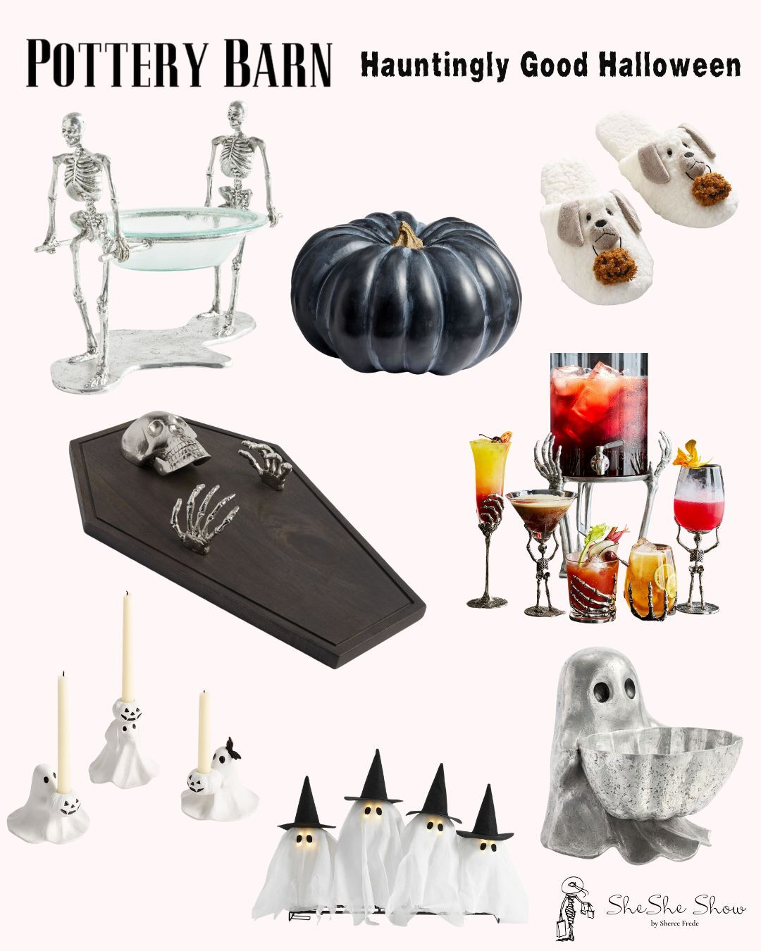  Pumpkin slippers, skeletal cheeseboard, 
Skeletal serving bowl, faux black pumpkins, smart candle holders, 
 Skeletal skull wine chillers, ghost candy bowl, lit ghost centerpiece, lighted up haunted house shaped pillowws

#LTKFindsUnder100 #LTKSeasonal #LTKHome