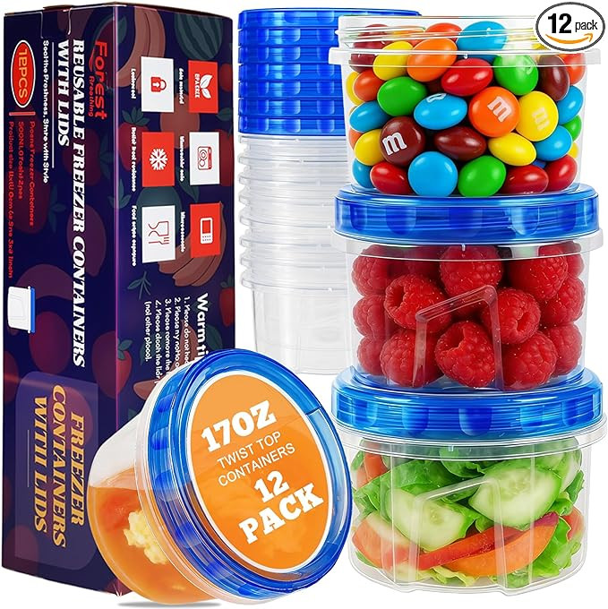 Amazon.com: 12 Pack 17oz Reusable Freezer Storage Containers with Twist Top Lids Airtight, Leakpr... | Amazon (US)