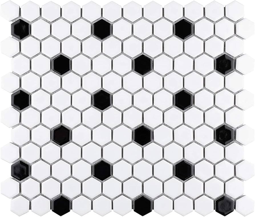 USCT 1x1 Hexagon White with Black Dot Matte (Exact Hex Size 7/8") Porcelain Mosaic Floor Wall Til... | Amazon (US)