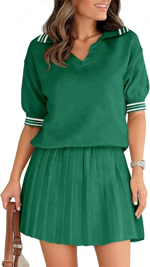 Fisoew Womens Summer 2 Piece Skirt Sets Short Sleeve V Neck Knit Sweater Tops Pleated Mini Skirt ... | Amazon (US)