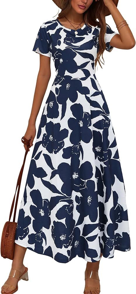 ZABERRY Women's 2024 Short Sleeve Round Neck Casual Summer Flowy Maxi Spring Dresses with Pockets | Amazon (US)