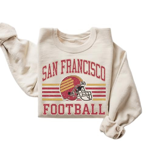 DAYLEA Distressed San Francisco Football Sweatshirt — Retro College Style Vintage Helmet Graphic Crewneck Pullover for Women & Men (Sand, 3X Large) | Amazon (US)