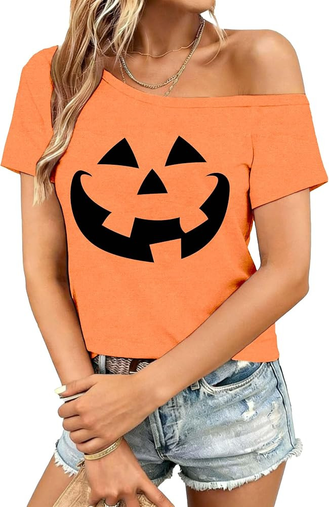 LBP Womens Halloween Off Shoulder Shirt Jack O Lantern T-Shirt | Amazon (US)