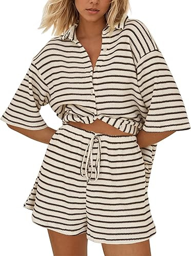 Summer Striped 2 Piece Lounge Sets For Women Casual Loose Short Sleeve Button Down Shirt Drawstri... | Amazon (US)