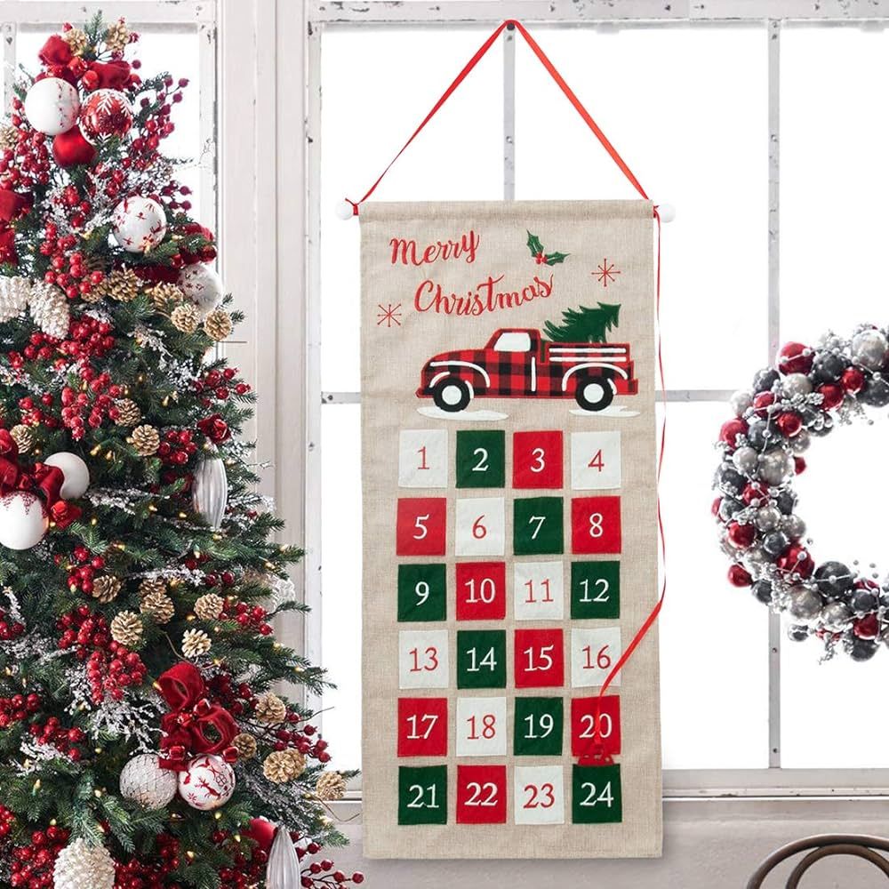 GMOEGEFT Burlap Advent Calendar 2023 Countdown to Christmas with Truck Applique Xmas Home Wall Fa... | Amazon (US)