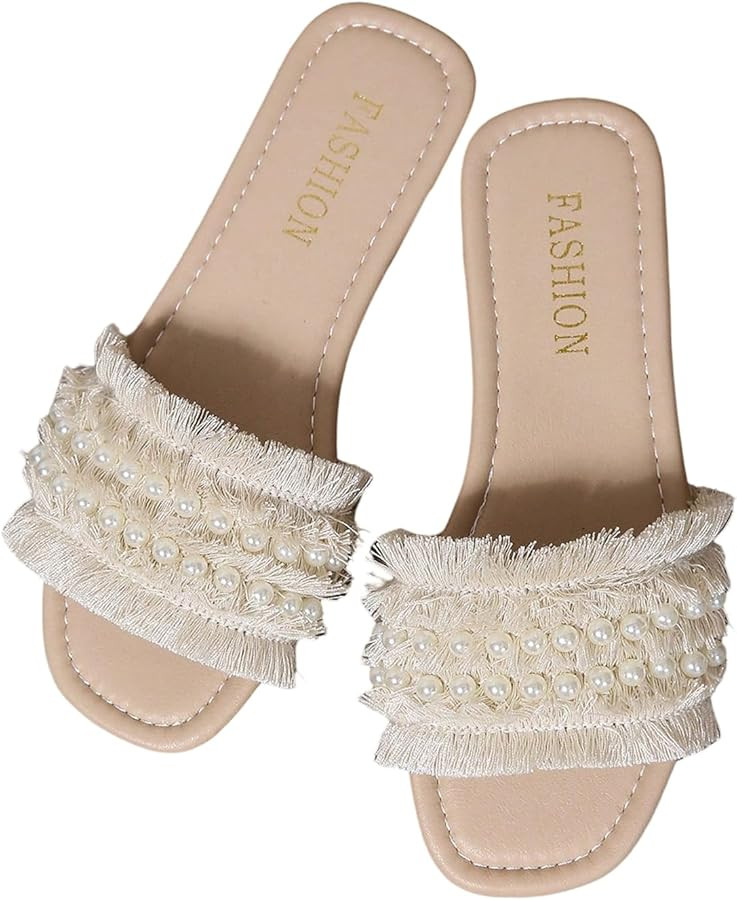 Women's Pearls Chain Flat Sandals Dressy Open Toe Slip On Flats Summer Casual Outdoor Slide Sanda... | Amazon (US)