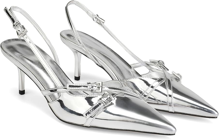 Heeled Slingback Kitten Heels for Women Closed Pointed Toe Pumps with Buckles | Amazon (US)