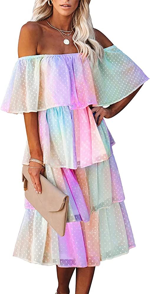 ETCYY Women's Off The Shoulder Ruffles Summer Loose Casual Chiffon Long Party Beach Maxi Dress ... | Amazon (US)