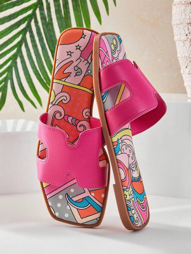 SHUZIA Women Fashion Casual Square Toe Slip-On Comfortable Flat Sandals Valentine Gifts Summer Shoes Spring Shoes Vacation Shoes Casual Shoes Beach Shoes Mother's Day Present Valentine's Day Summer Shoes | SHEIN