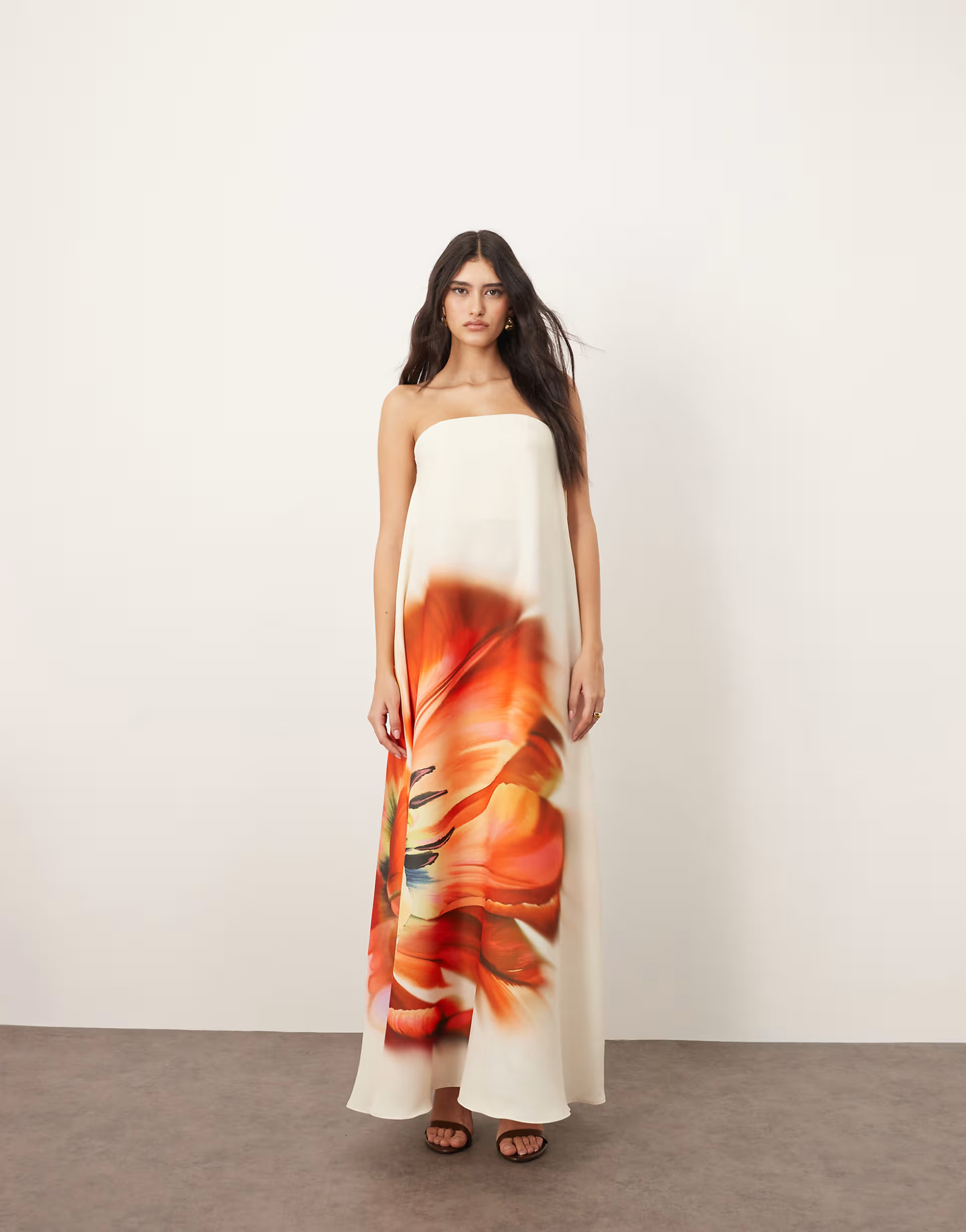 ARRANGE structured bandeau column maxi dress with internal corset in overblown floral print | ASOS (Global)