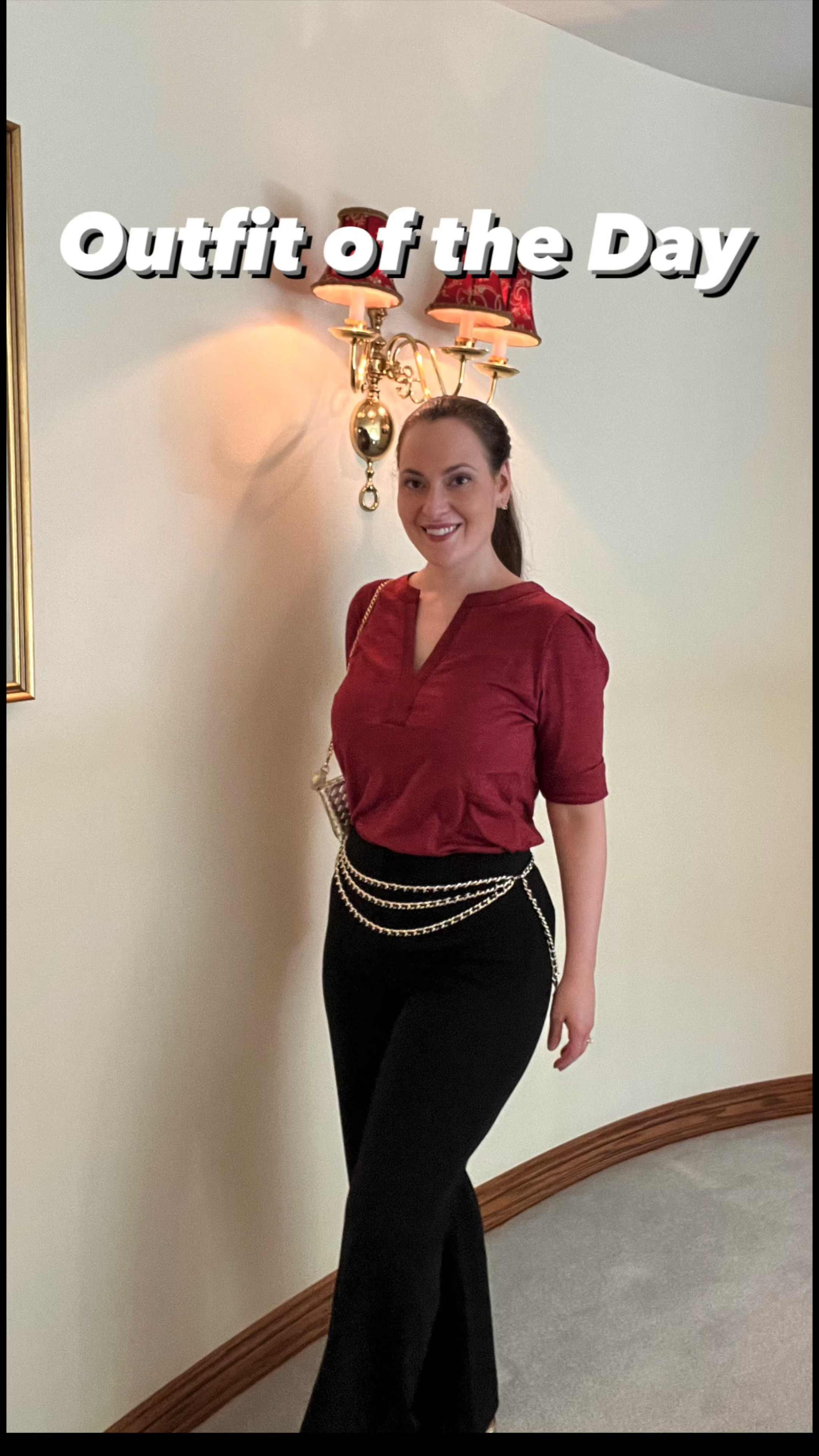 Pre-fall outfit. The top color is “lush sangria” - it’s not too low in the front and comes in a variety of colors. Adding this leather woven gold chain belt is an easy way to dress up your outfit and make it look unique. The pants, top and belt are all WHBM. 

#LTKOver40 #LTKSeasonal #LTKStyleTip