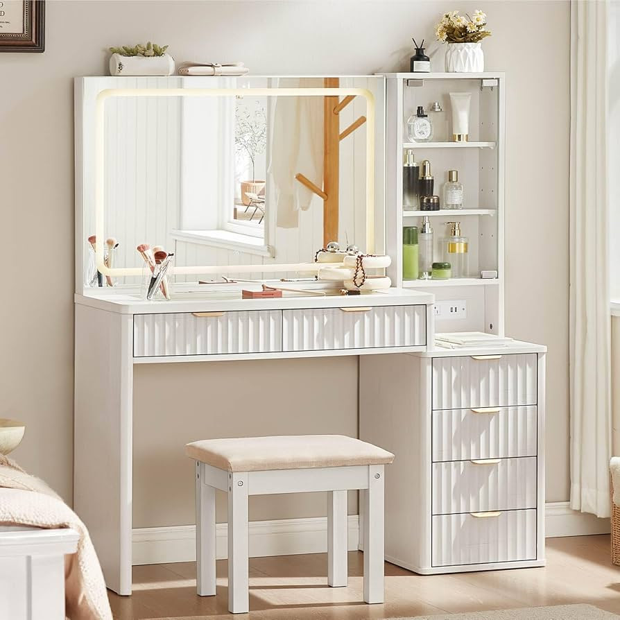 LEYAOYAO White Vanity Desk with Mirror and Lights with Stool, 43.5'' Fluted Makeup Vanity with 6 ... | Amazon (US)