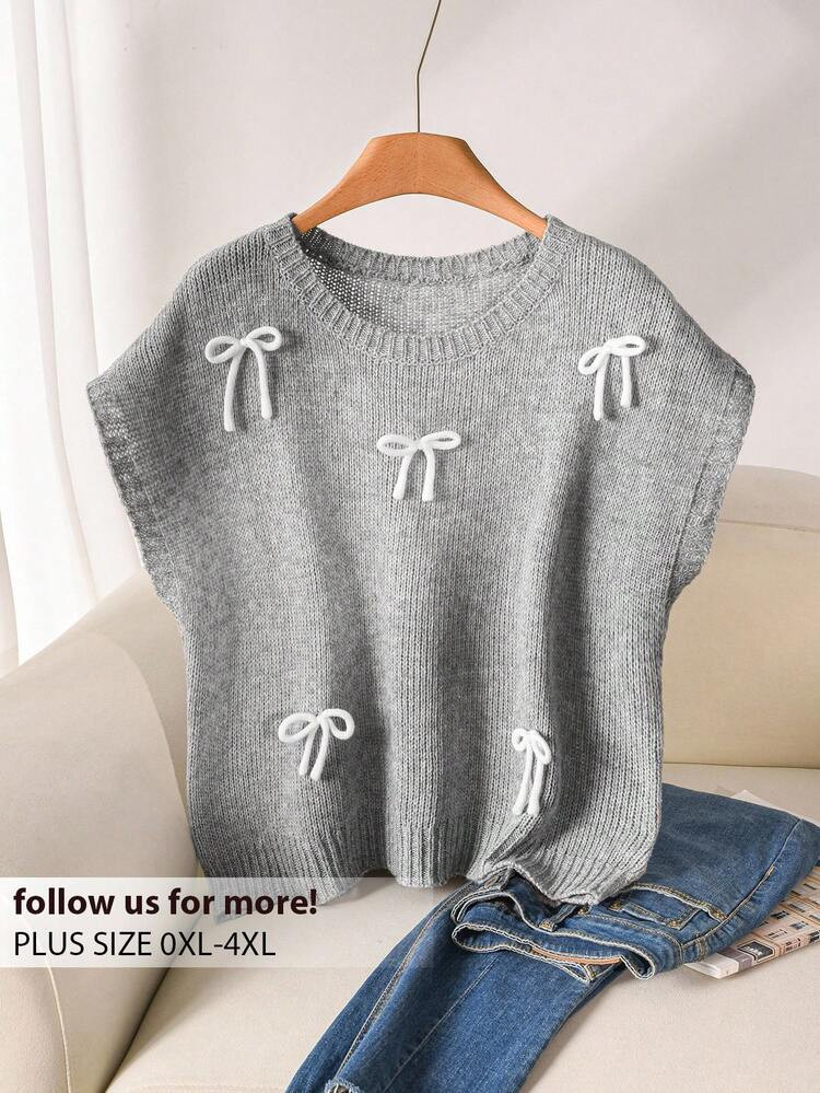CosyJoli Plus Size Casual 3D Bow Decor Round Neck Batwing Sleeve Loose Knit Sweater,Slightly Shee... | SHEIN