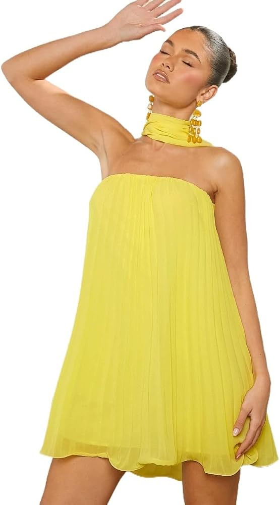Wedding Guest Dress Solid Pleated Halter Dress | Amazon (US)