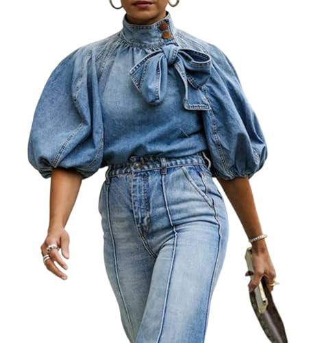 Women's Bow Design Denim Pullover Top Button Up High Neck Fashionable Jacket with Elastic and Puf... | Amazon (US)