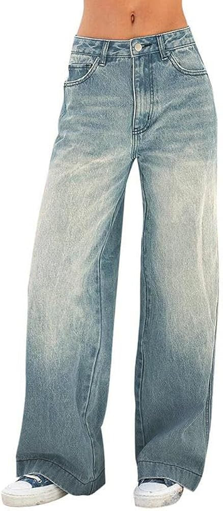 EMMIOL Women's 2026 Wide Leg Jeans Distress Mid Waist Denim Pants Vintage Y2K Trousers(Washed Blu... | Amazon (US)