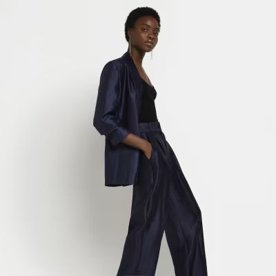 Navy metallic pleated wide leg trousers | River Island (UK & IE)