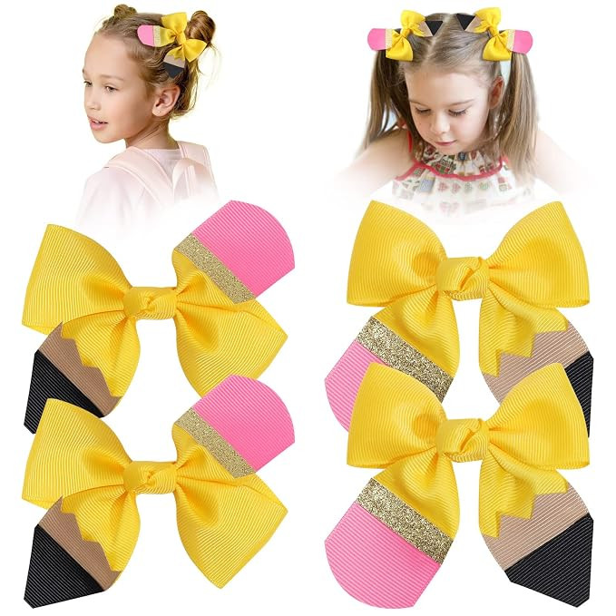 Back to School Pencil Hair Bows for Girls，Yellow Pencil Hair Clips,CN Grosgrain Ribbon Pigtail ... | Amazon (US)